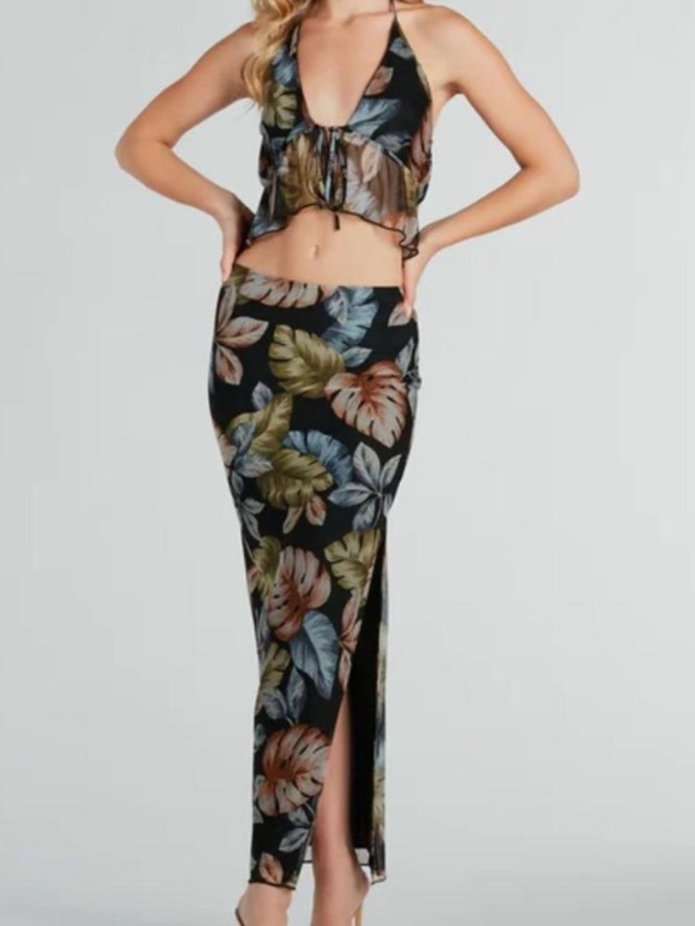 Windsor co ord two piece Maxi Skirt with bralette Multicolor Tropical Leaf Print